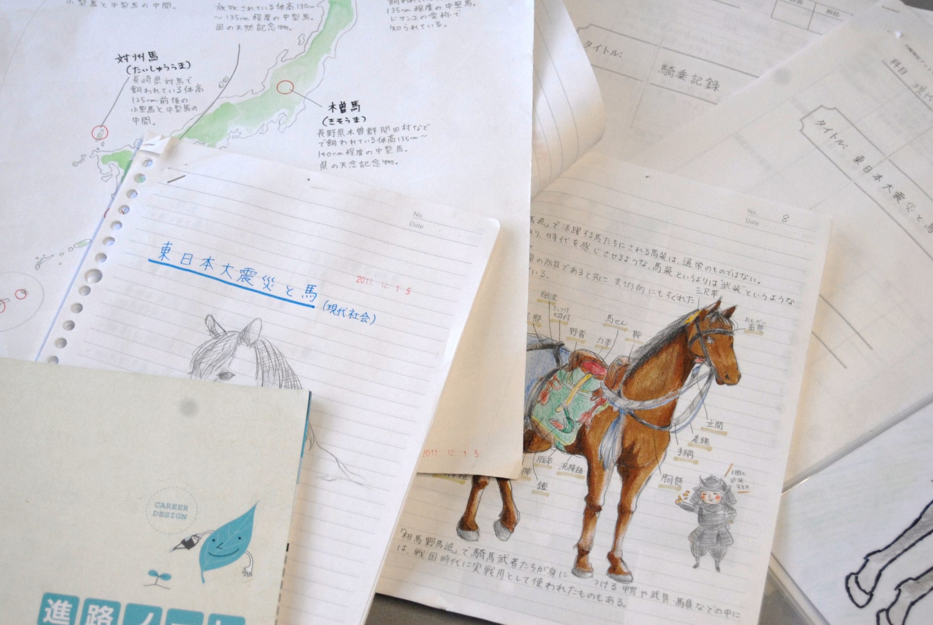 馬について学んだ成果をまとめた生徒のレポートと進路ノート