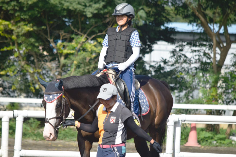 乗馬体験に挑戦する参加者